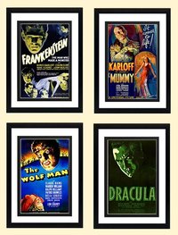 Classic Monsters Poster Set. Frankenstein, The Mummy, Wolfman and Dracula Highest Quality Framing & Prints Many Sizes Available