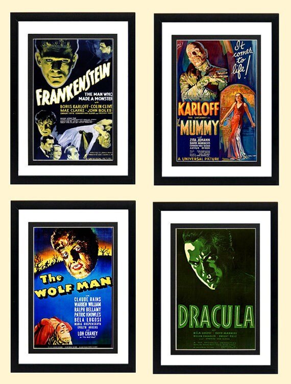 Classic Monsters Poster Set. Frankenstein, The Mummy, Wolfman and Dracula Highest Quality Framing & Prints Many Sizes Available