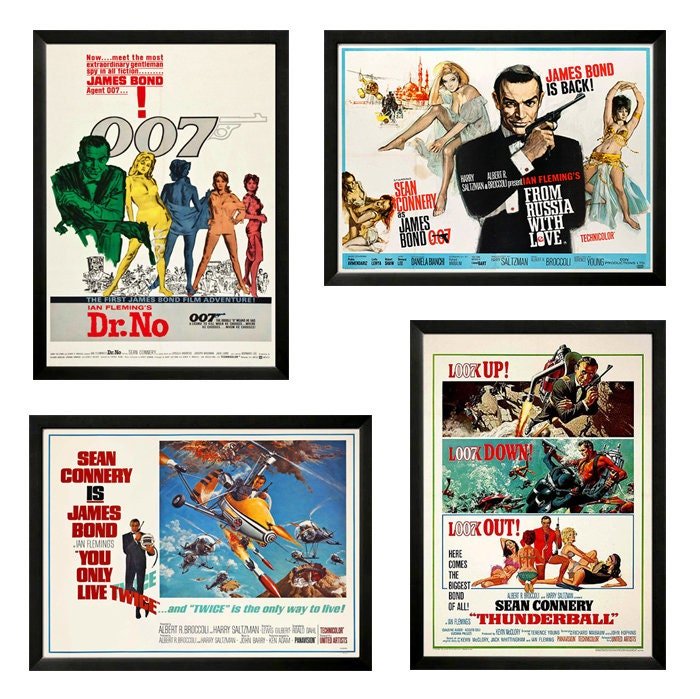 Set of 4 James Bond Movie Posters Custom Framed Displays