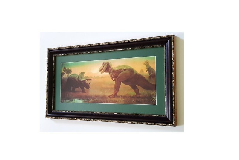 T- Rex and Triceratops Framed Prehistoric Dinosaur Panorama Print Art by Charles Knight