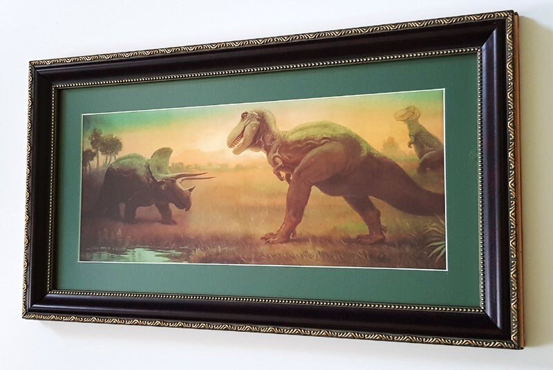 T- Rex and Triceratops Framed Prehistoric Dinosaur Panorama Print Art by Charles Knight
