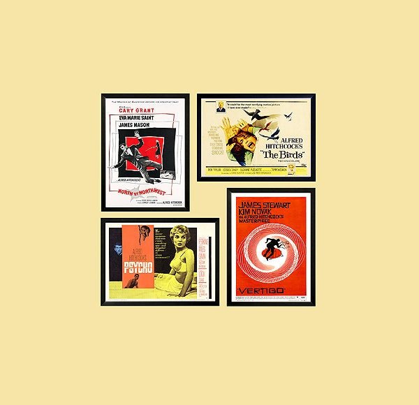 Film Noir Poster Set Vertigo, North by Northwest, Psycho & The Birds