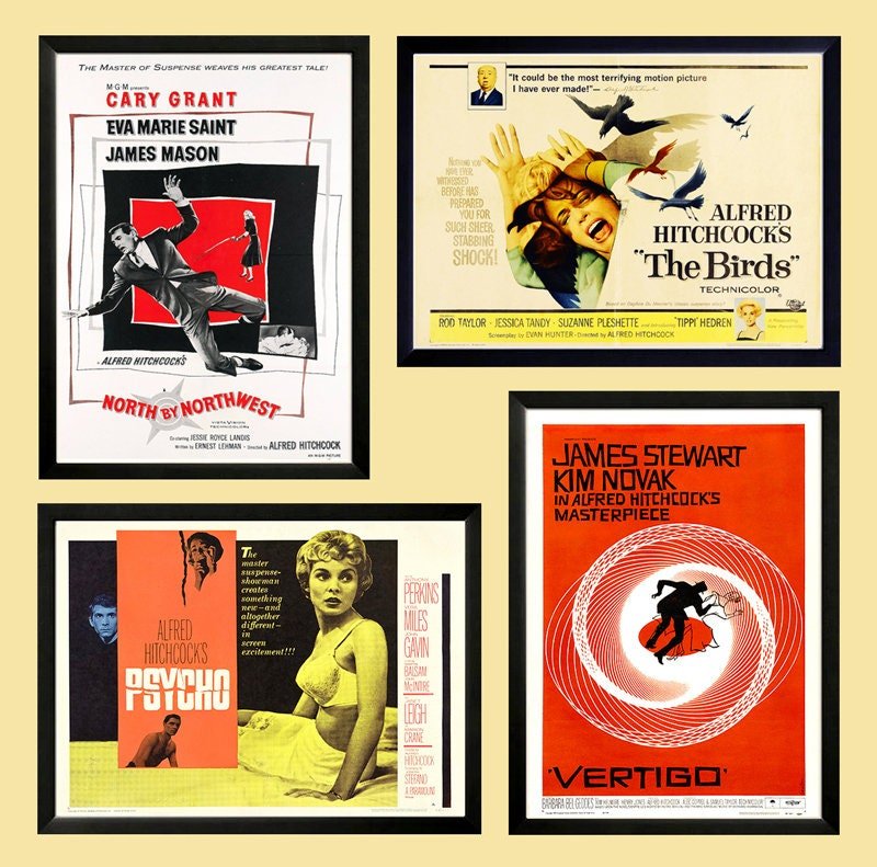 Film Noir Poster Set Vertigo, North by Northwest, Psycho & The Birds