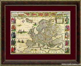 Framed 16th Century Europe Map & Native People by Bleau