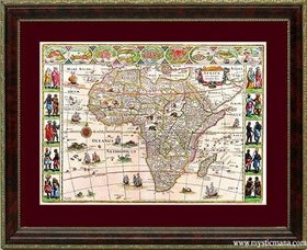 Framed 16th Century Africa Map & Native People by Bleau